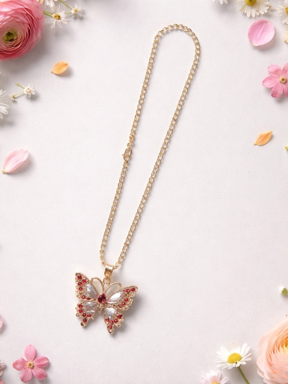 Mother's Day Sale- Gold Butterfly Pendant Necklace with Pink and Clear Crystals